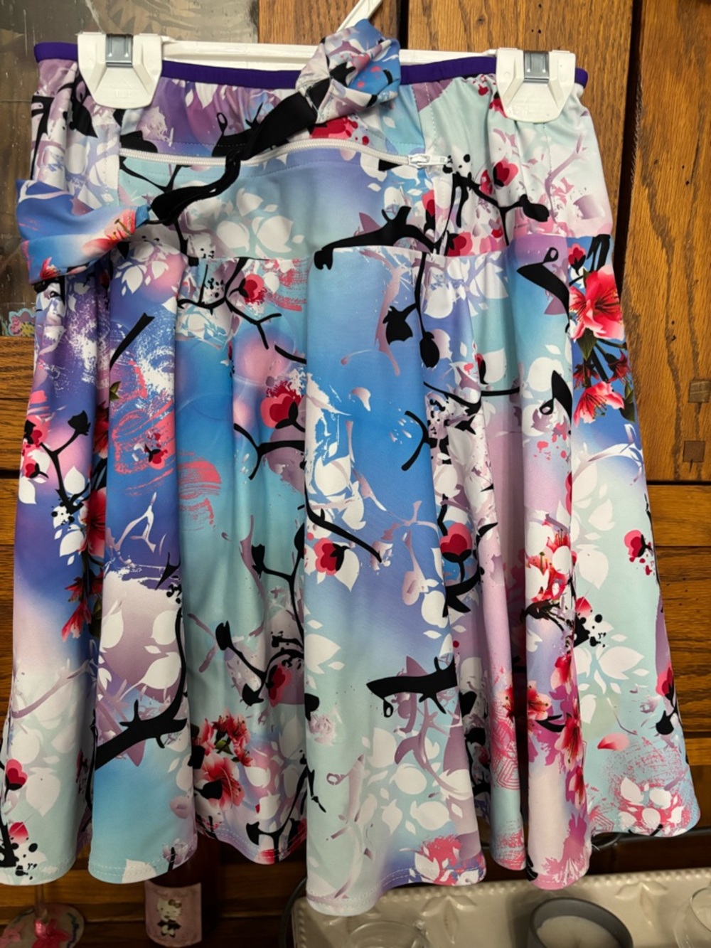 Cherry Blossom Running A-Line Skirt - Pastel Blue & Lilac